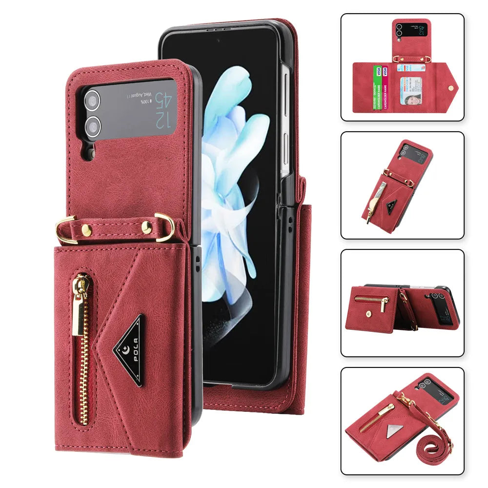 Crossbody Leather Card Slot Zipper Wallet Galaxy Z Flip Case - DealJustDeal