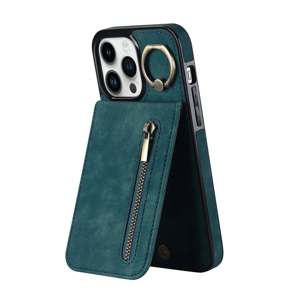 Anti-drop Kickstand Zipper Cards Holder Leather Wallet iPhone Case - DealJustDeal