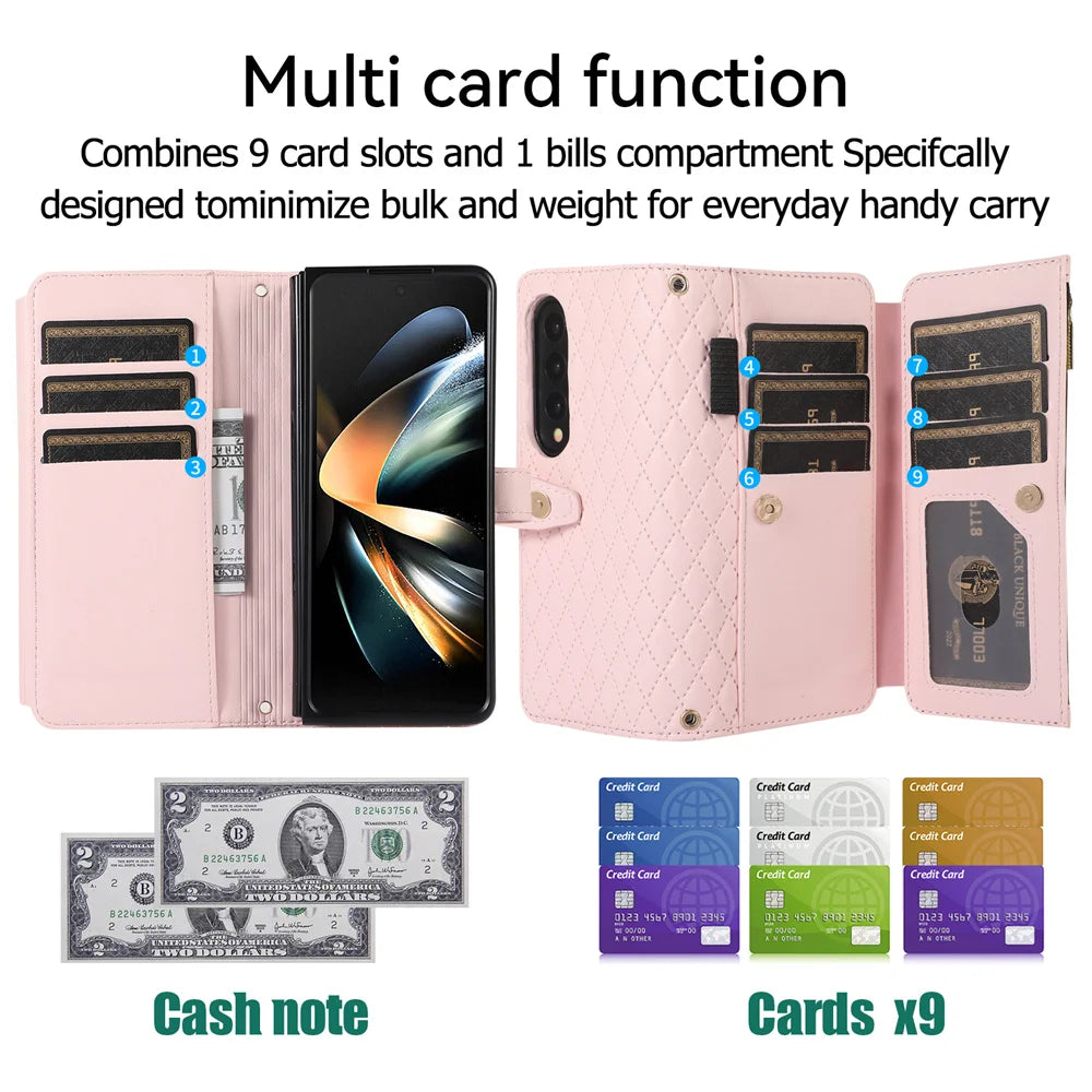 Lanyard and Card Slot Wallet Grid Leather Galaxy Z Fold Case - DealJustDeal