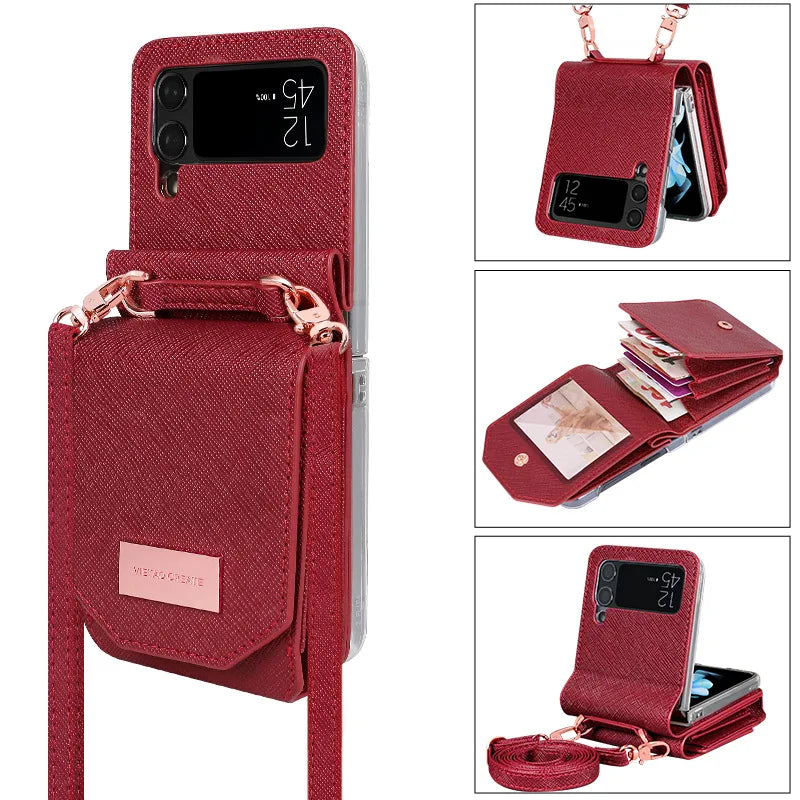 Cards Slot Holder PU Wallet Lanyard Leather Galaxy Z Flip Case - DealJustDeal