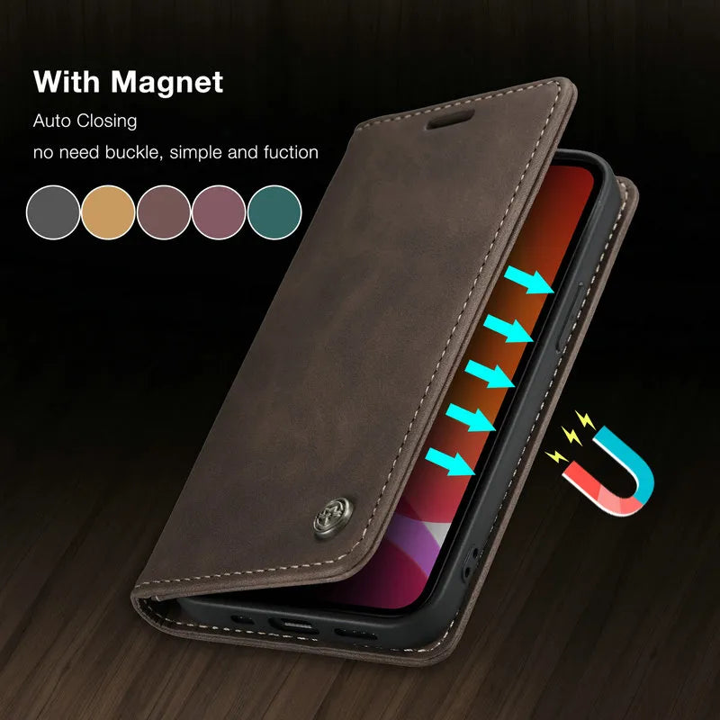 Retro Magnetic Leather Wallet Flip iPhone Case - DealJustDeal