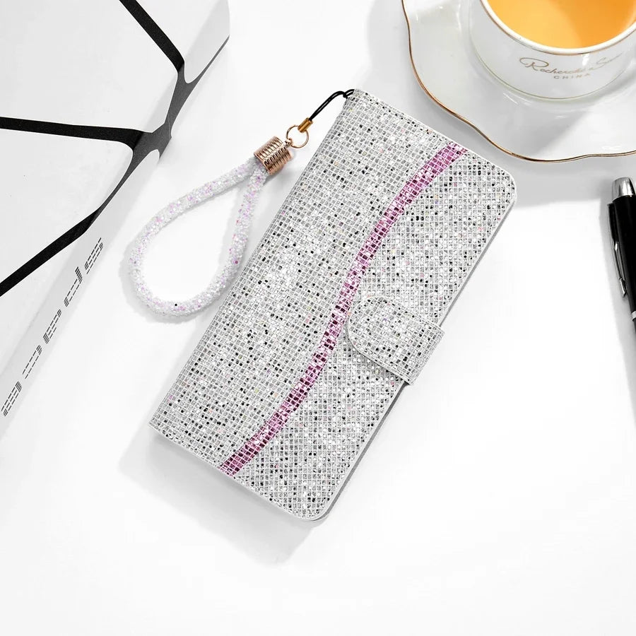 Glitter Anti-fall Wallet Flip Leather iPhone Case With Hand Strap - DealJustDeal