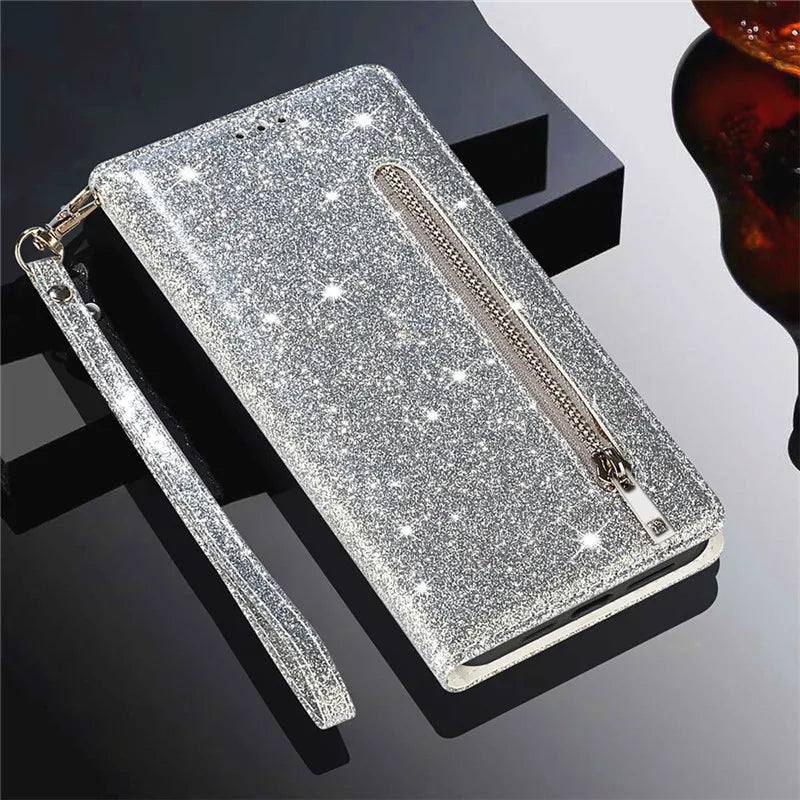 Zipper Flip Wallet Glitter Leather Galaxy Note and S Case - DealJustDeal