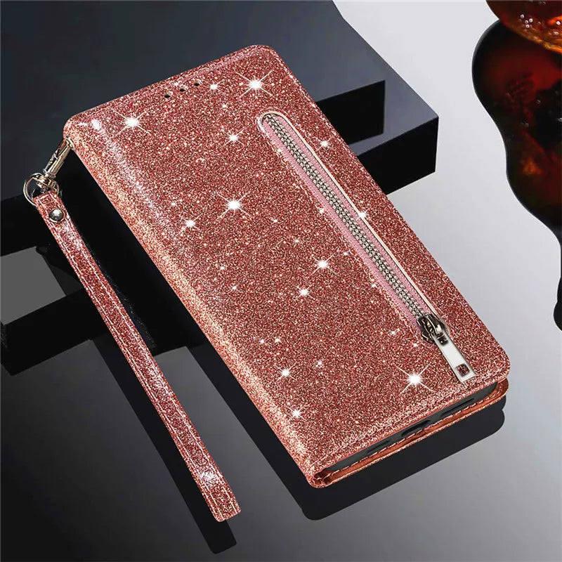 Wallet Bling Leather Zipper Flip Galaxy A and M Case - DealJustDeal