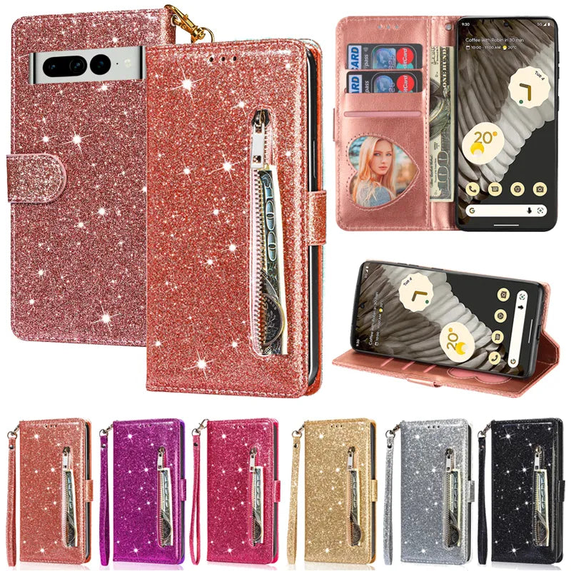 Wallet Glitter Zipper Magnetic Flip Leather Google Case - DealJustDeal