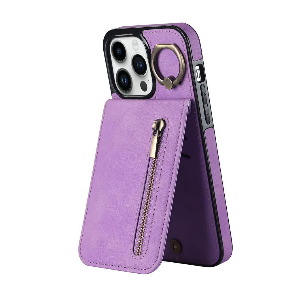 Anti-drop Kickstand Zipper Cards Holder Leather Wallet iPhone Case - DealJustDeal