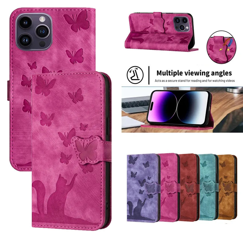 Cute Cat Butterfly Leather Flip iPhone Case - DealJustDeal