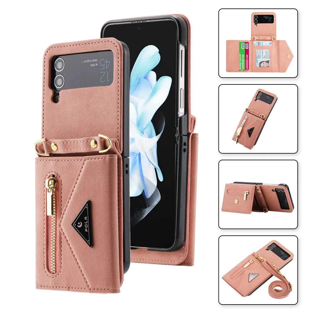 Crossbody Leather Card Slot Zipper Wallet Galaxy Z Flip Case - DealJustDeal