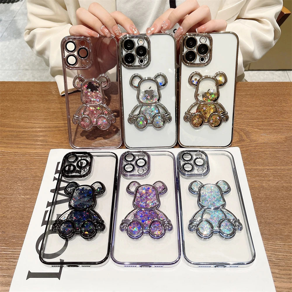 Plating Glitter Cute Cartoon Bear Quicksand iPhone Case with Lens Film Protector - DealJustDeal