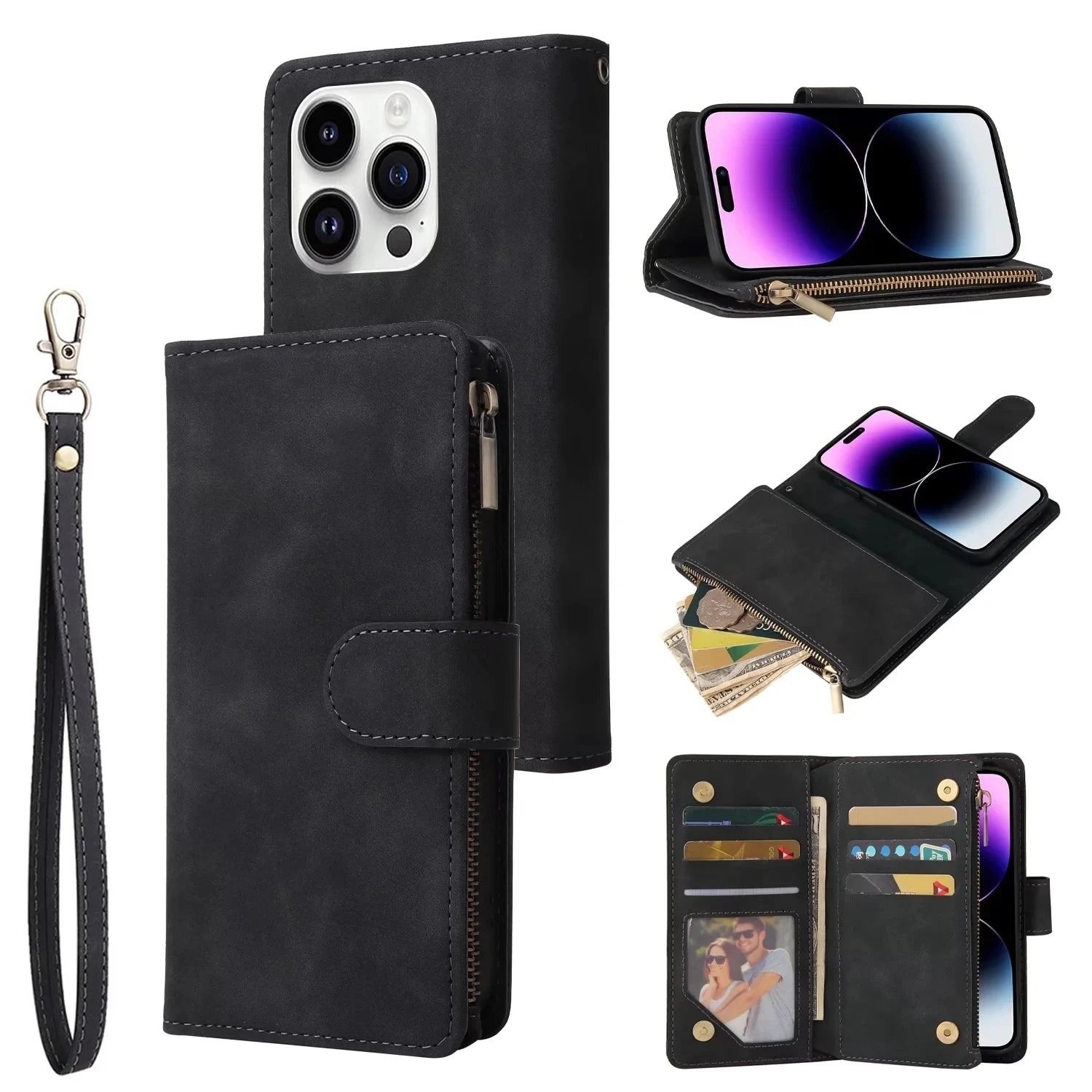 Flip Card Slot Zipper Leather Wallet iPhone Case - DealJustDeal