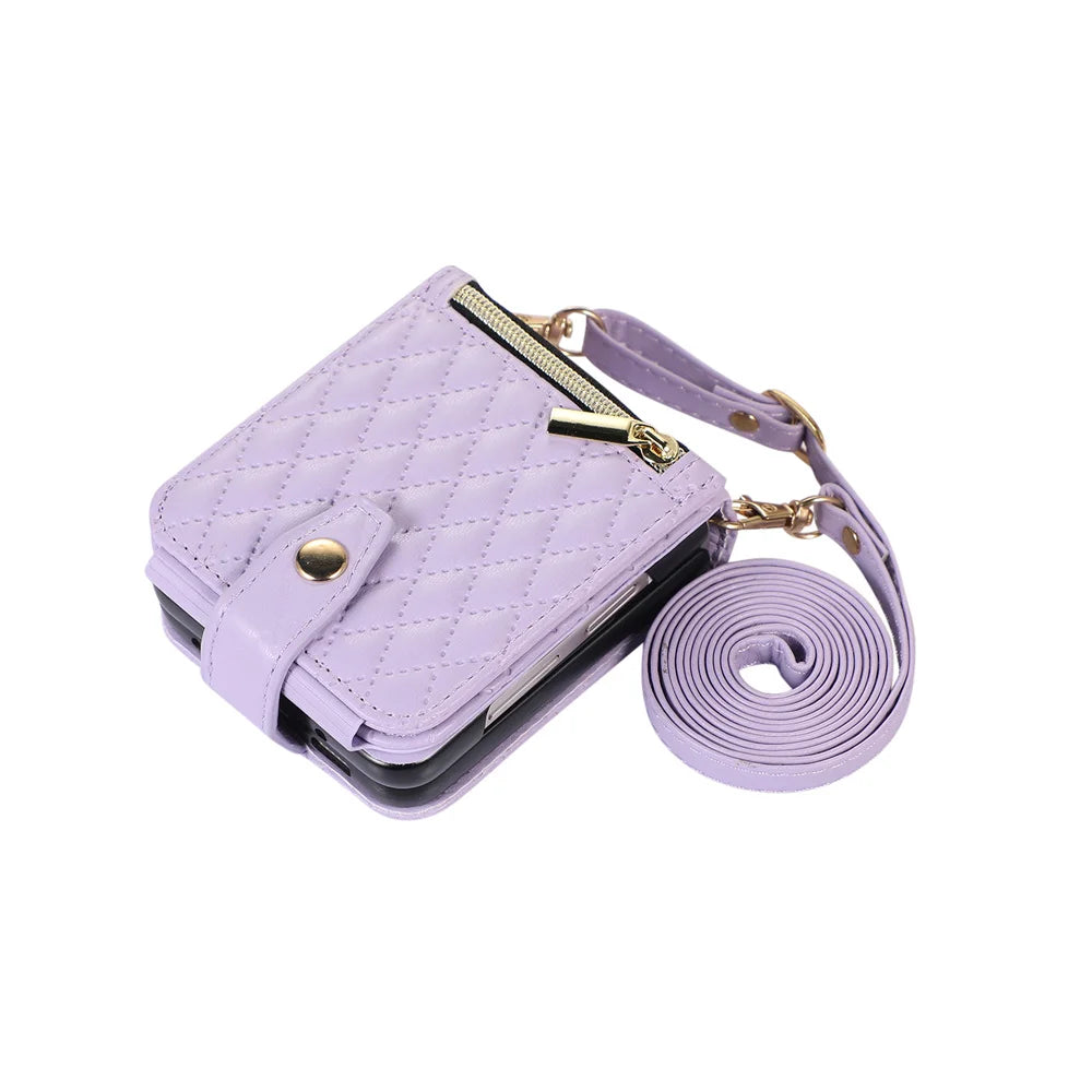 Card Slot Crossbody Wallet Grid Leather Galaxy Z Flip Case - DealJustDeal