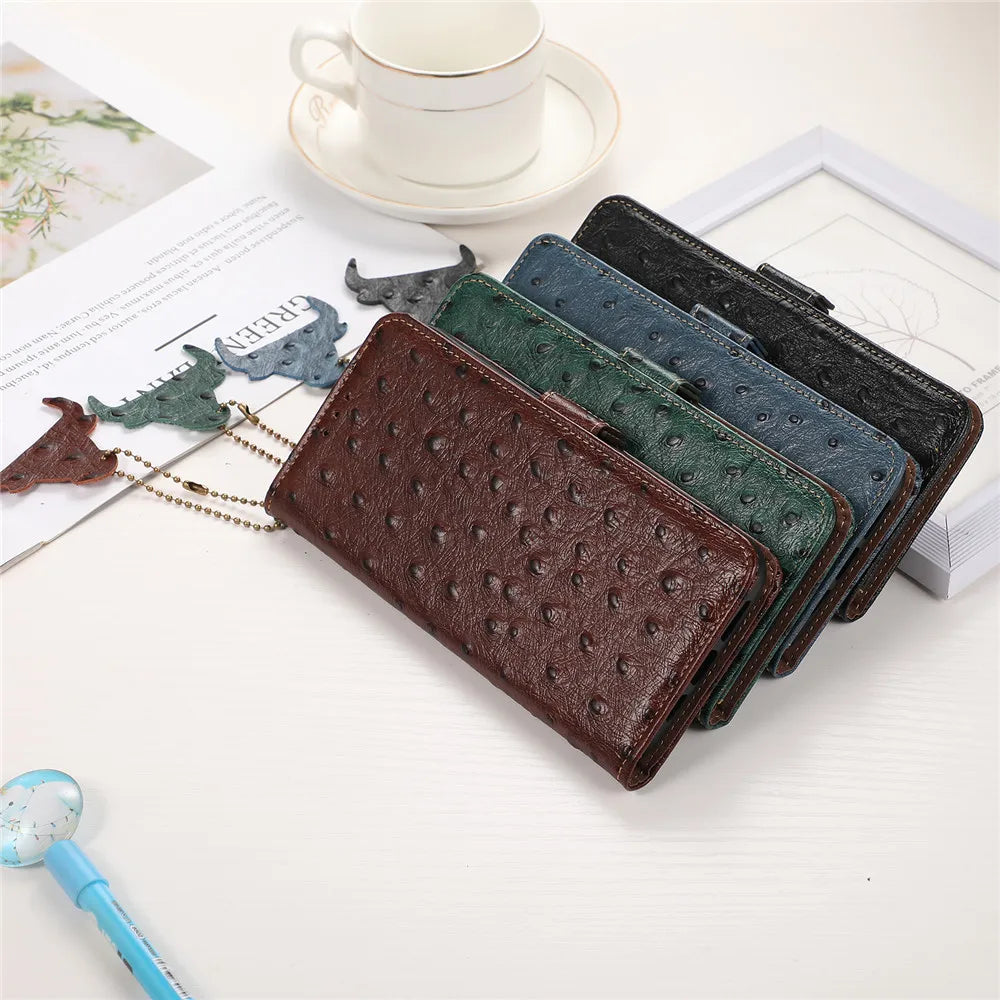 Ostrich Grain Genuine Leather Wallet Flip Galaxy A and S Case - DealJustDeal