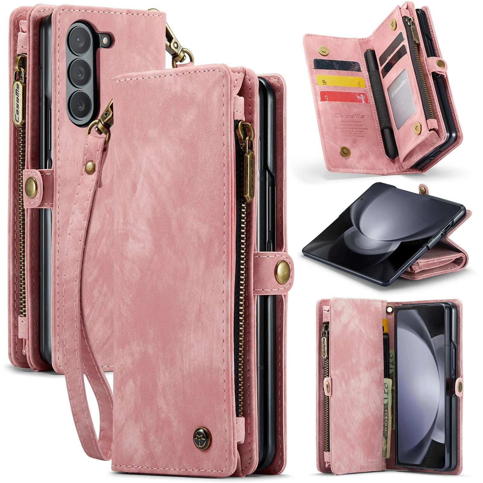 Wrist Strap Magnetic Zipper Pocket Wallet Leather Galaxy Z Fold Case - DealJustDeal