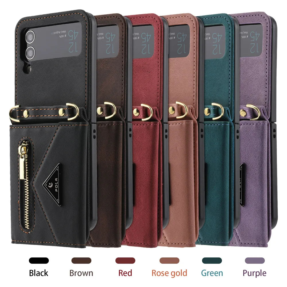 Crossbody Leather Card Slot Zipper Wallet Galaxy Z Flip Case - DealJustDeal