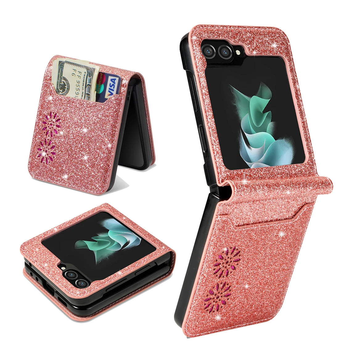 Wallet Cards Holder Glitter Bling Protection Leather Galaxy Z Flip Case - DealJustDeal