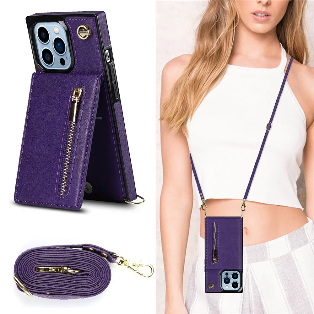 Zipper Wallet Leather iPhone Case With Card Holder Lanyard Strap Crossbody - DealJustDeal