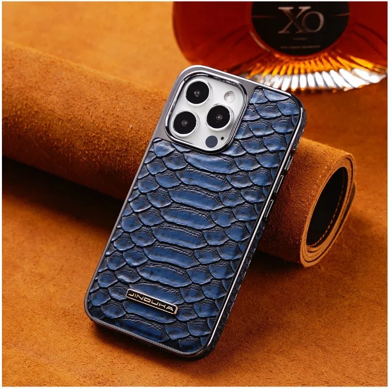 Python Texture Leather Electroplating iPhone Case with Built-in Flannel - DealJustDeal