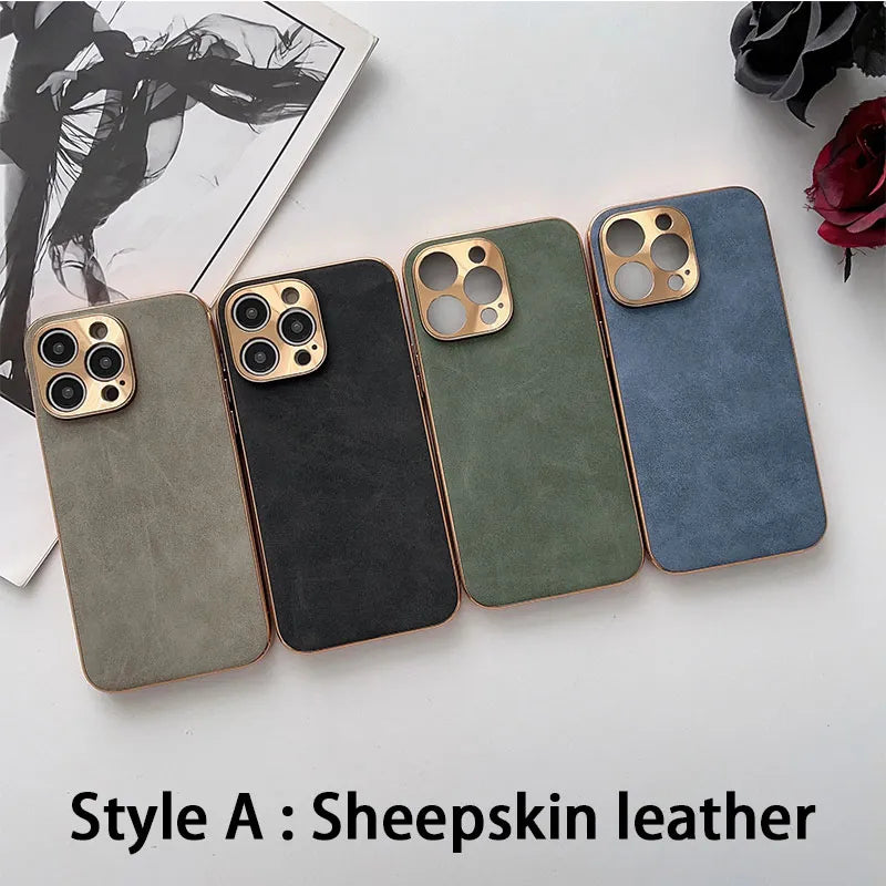 Electroplated Frame Lambskin Leather iPhone Case - DealJustDeal