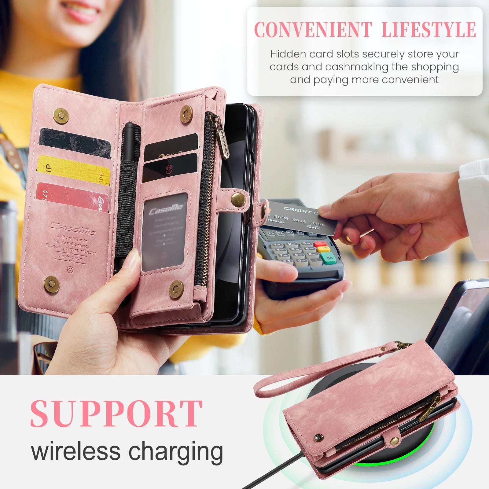 Wrist Strap Magnetic Zipper Pocket Wallet Leather Galaxy Z Fold Case - DealJustDeal