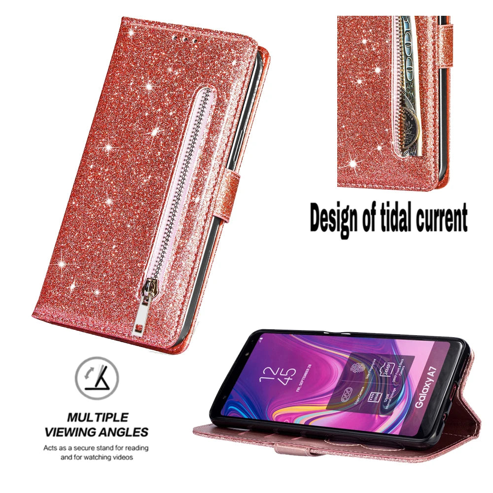 Wallet Bling Leather Zipper Flip Galaxy A and M Case - DealJustDeal