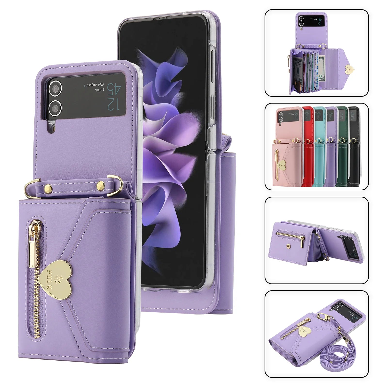 Zippered Cards Wallet  Hinge Leather Galaxy Z Flip Case - DealJustDeal