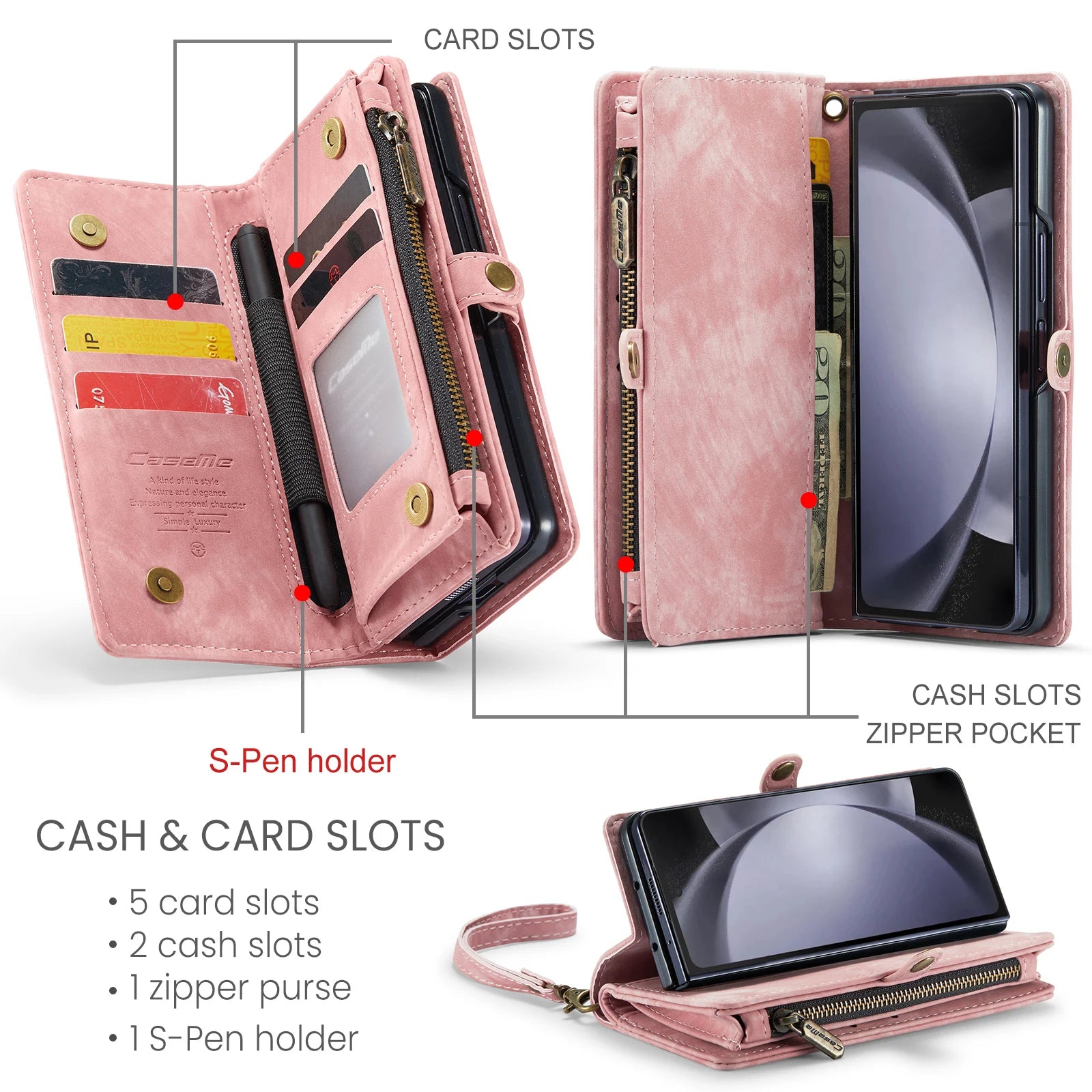 Wrist Strap Magnetic Zipper Pocket Wallet Leather Galaxy Z Fold Case - DealJustDeal