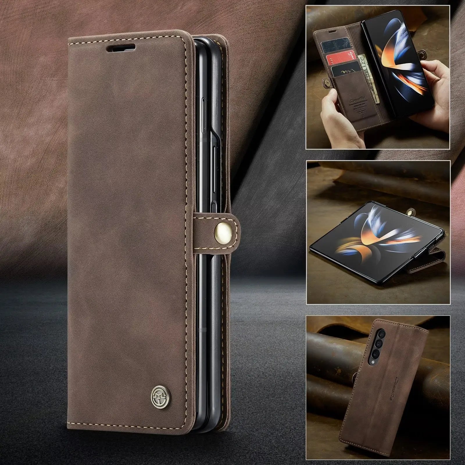 Vintage PU Leather Magnetic Flip Folio Wallet Galaxy Z Fold Case - DealJustDeal