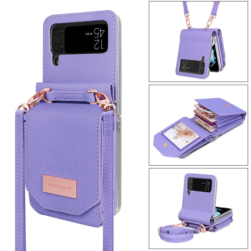 Cards Slot Holder PU Wallet Lanyard Leather Galaxy Z Flip Case - DealJustDeal