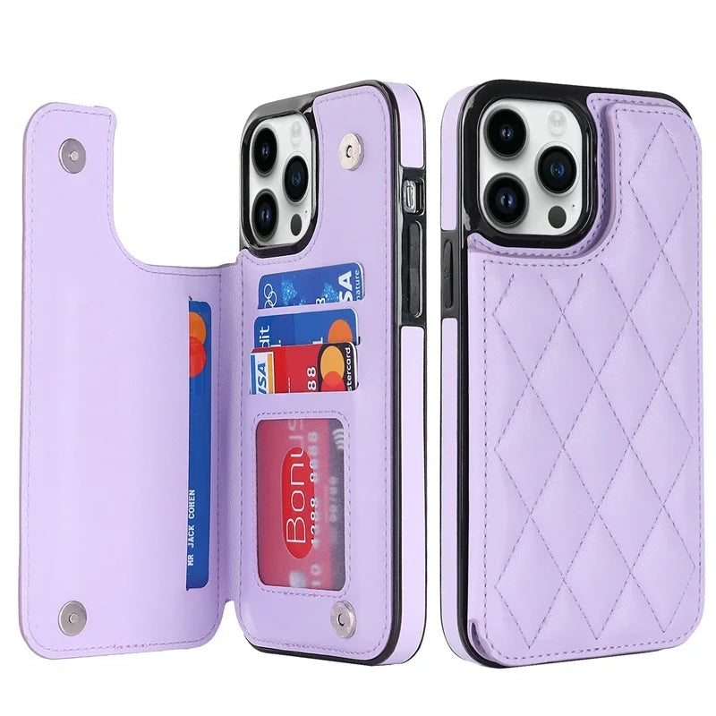 Double Button Wallet Card Flip Leather iPhone Case - DealJustDeal