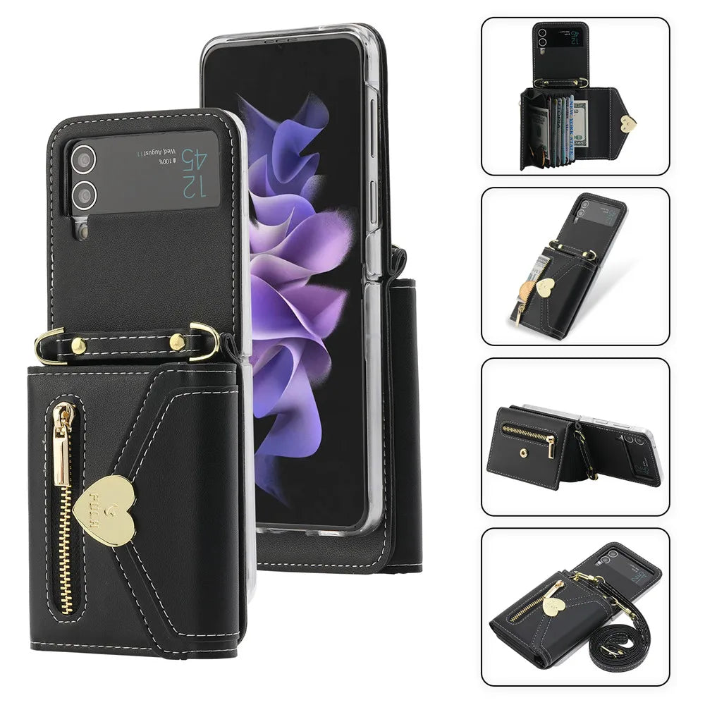 Folding Hinge Leather Crossbody Galaxy Z Flip Case - DealJustDeal