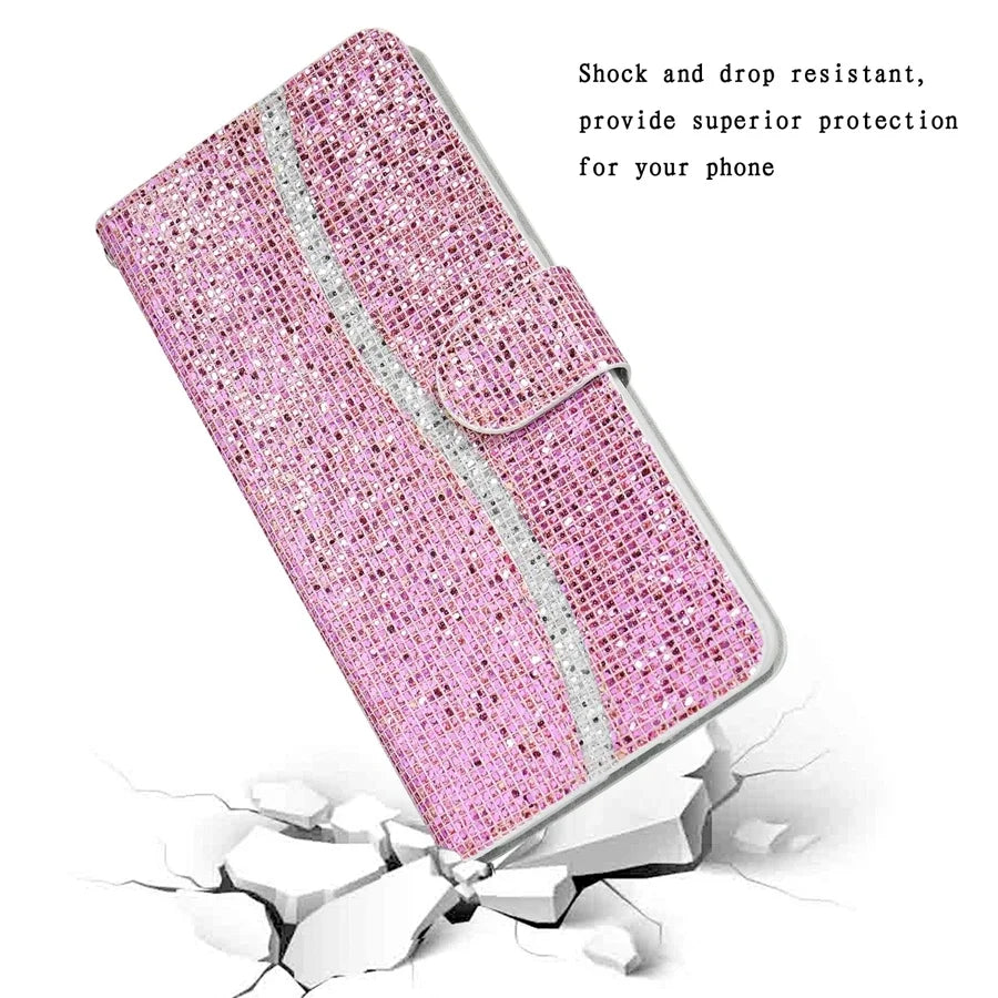 Glitter Anti-fall Wallet Flip Leather iPhone Case With Hand Strap - DealJustDeal