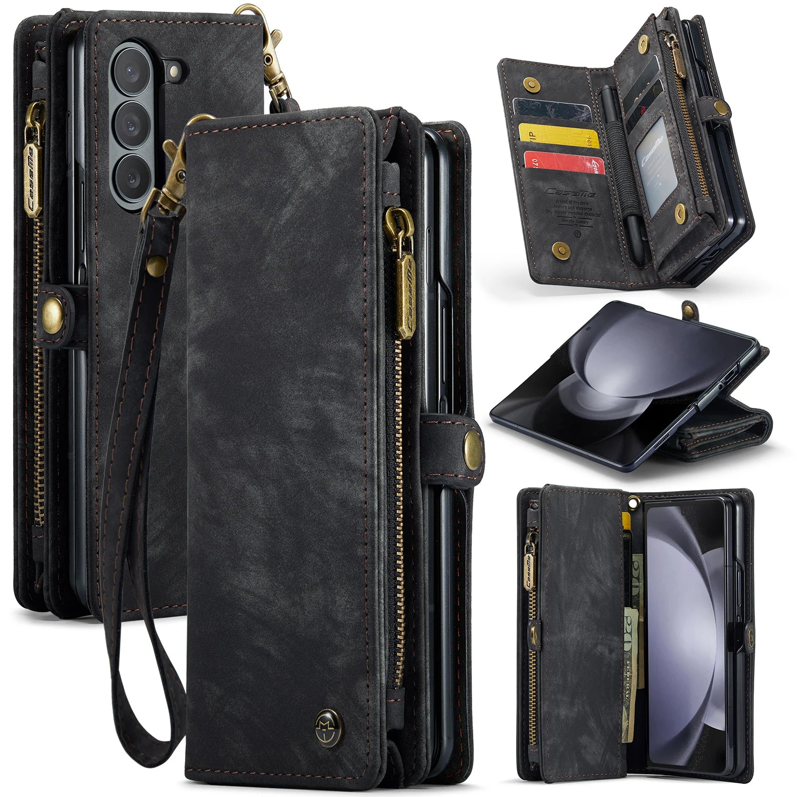 Wrist Strap Magnetic Zipper Pocket Wallet Leather Galaxy Z Fold Case - DealJustDeal