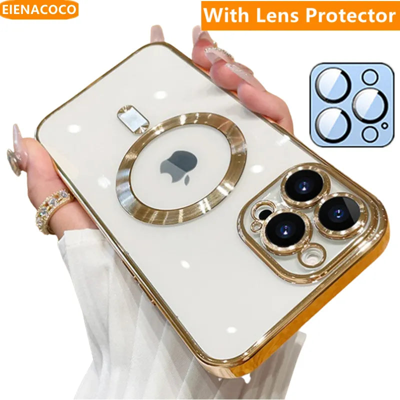 Soft Plating Case Magnetic For Magsafe iPhone Case  With Lens Protector - DealJustDeal