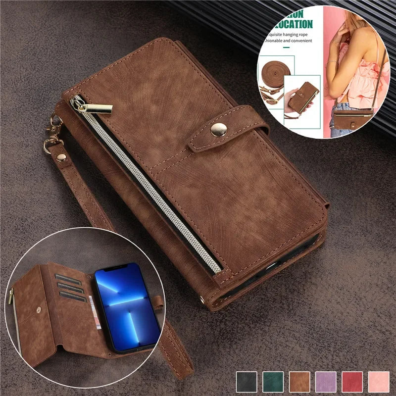 Wrist Rope Zipper Wallet Flip Leather Google Case - DealJustDeal