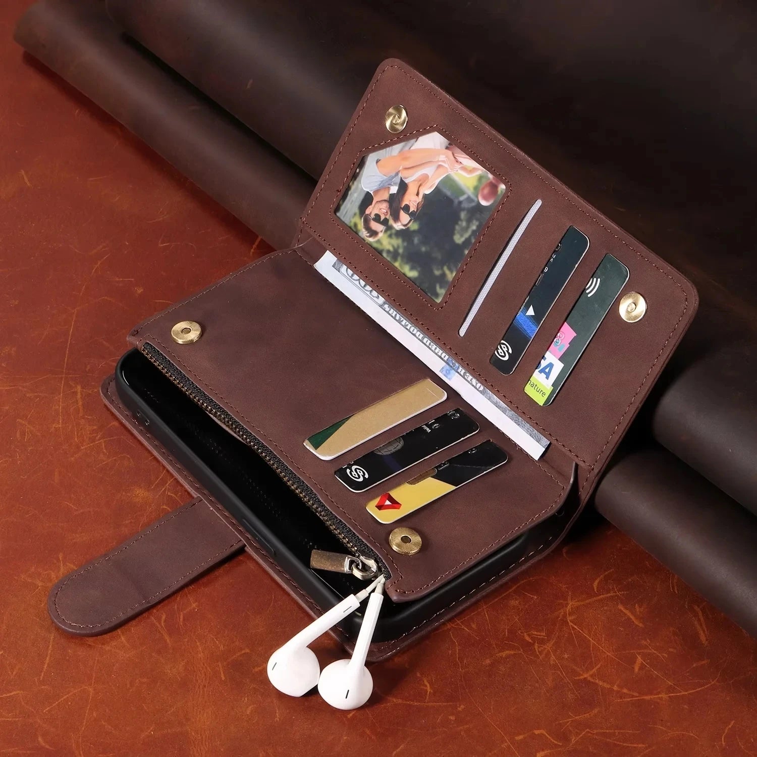 Flip Card Slot Zipper Leather Wallet iPhone Case - DealJustDeal