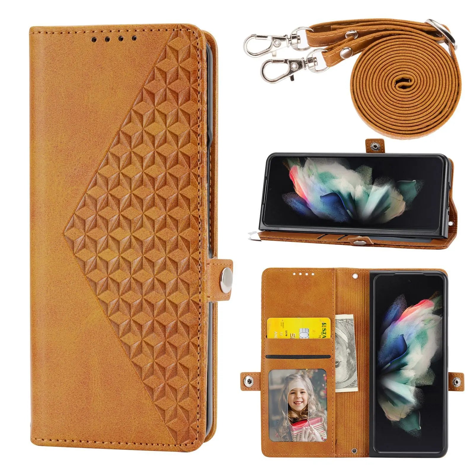 Crossbody Lanyard Hinge Protection Leather Galaxy Z Fold Case - DealJustDeal