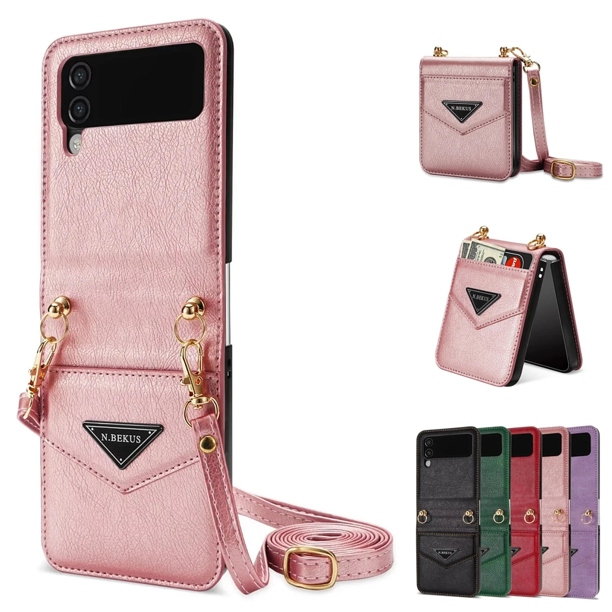 Geometric Cards Slot Crossbody Leather Galaxy Z Flip Case - DealJustDeal