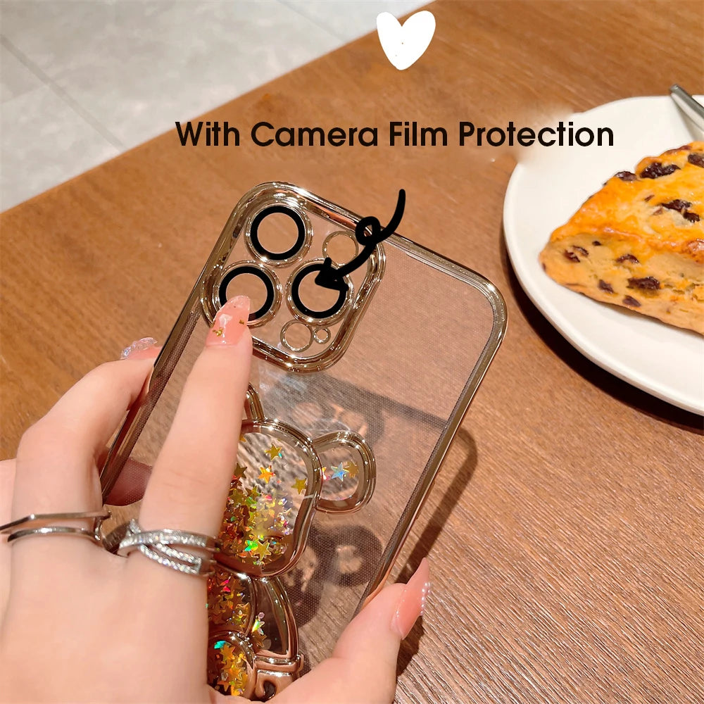 Plating Glitter Cute Cartoon Bear Quicksand iPhone Case with Lens Film Protector - DealJustDeal