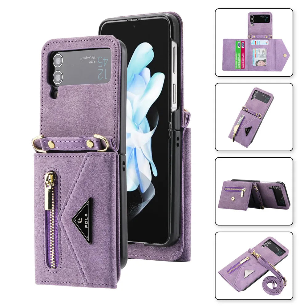 Crossbody Leather Card Slot Zipper Wallet Galaxy Z Flip Case - DealJustDeal