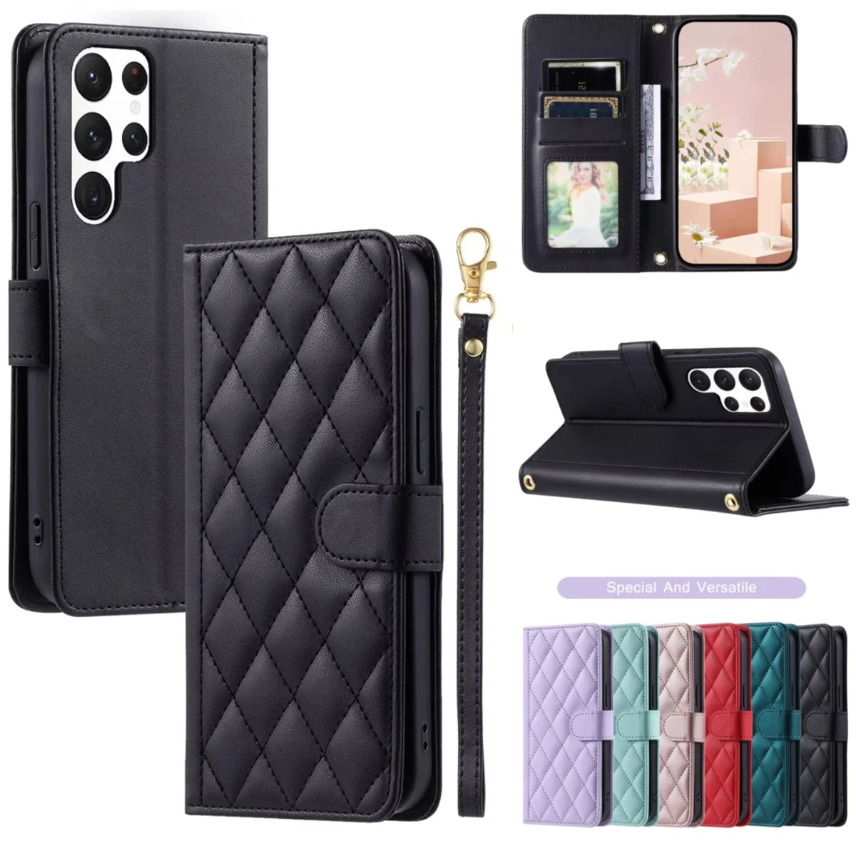 Lanyard Flip Checkered Leather Galaxy A, Note and S Case - DealJustDeal