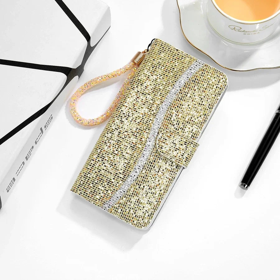 Glitter Anti-fall Wallet Flip Leather iPhone Case With Hand Strap - DealJustDeal