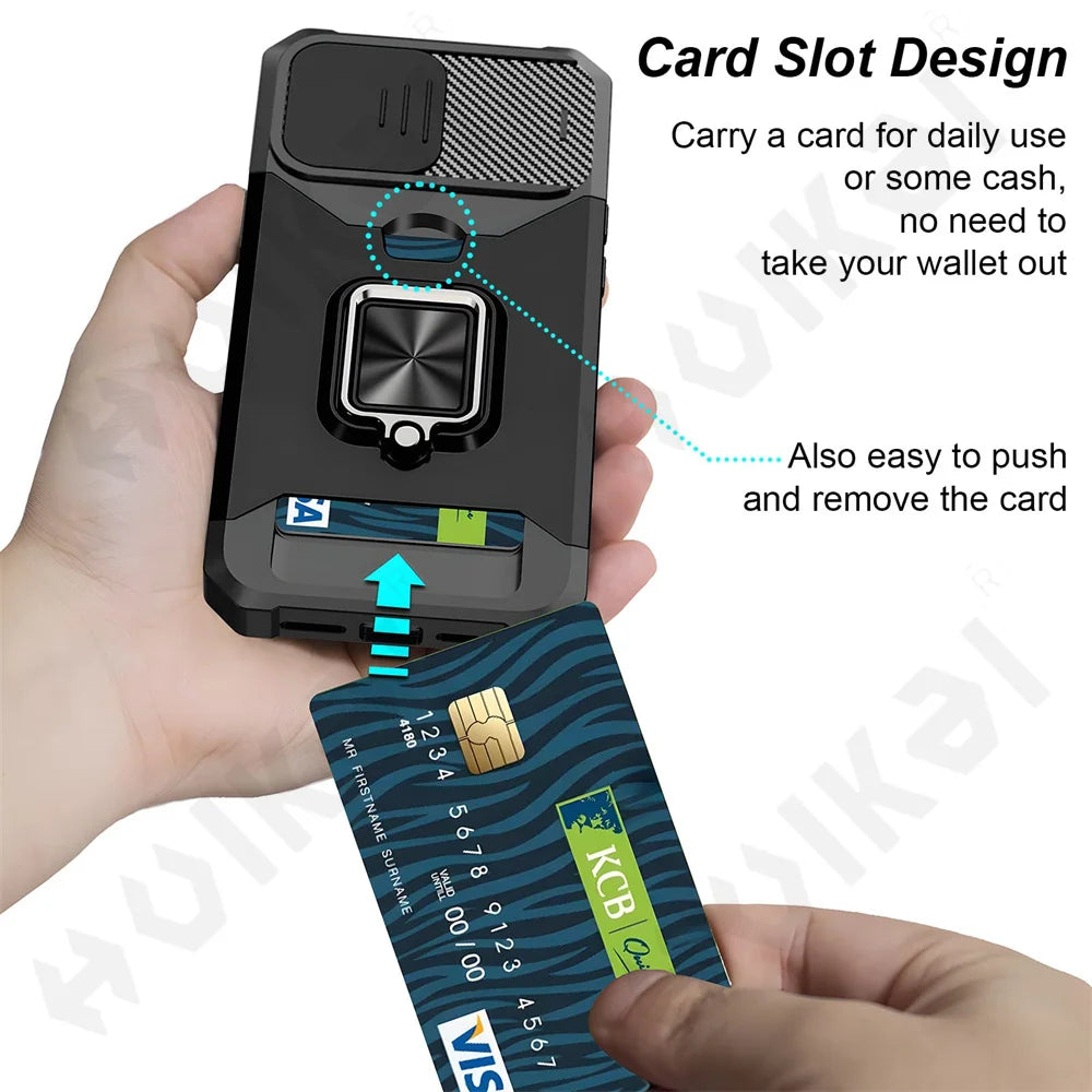 Slide Camera Card Holder Slot Wallet iPhone Case With Ring Stand - DealJustDeal