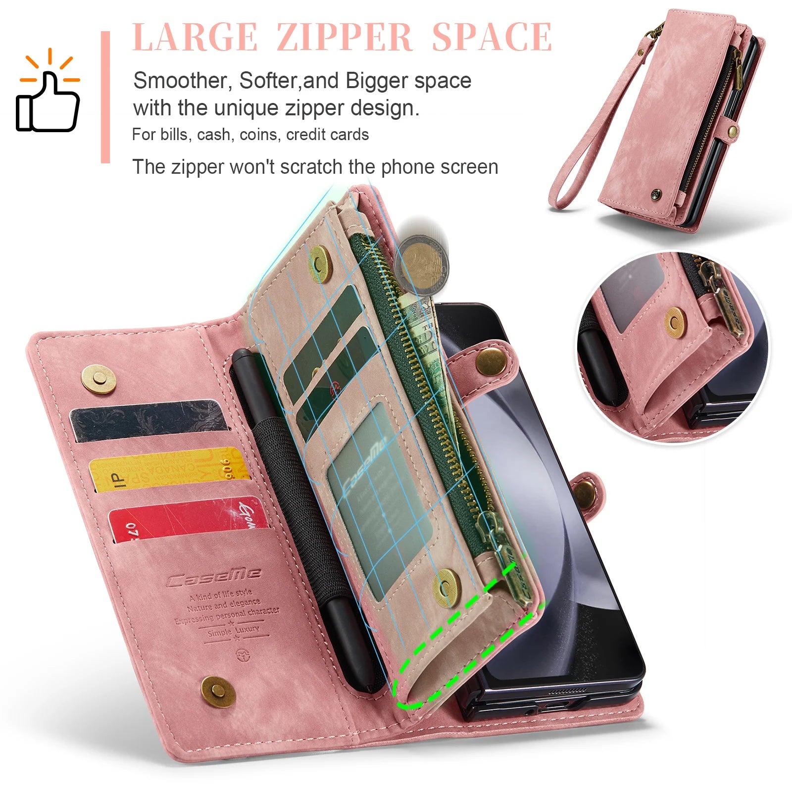 Wrist Strap Magnetic Zipper Pocket Wallet Leather Galaxy Z Fold Case - DealJustDeal