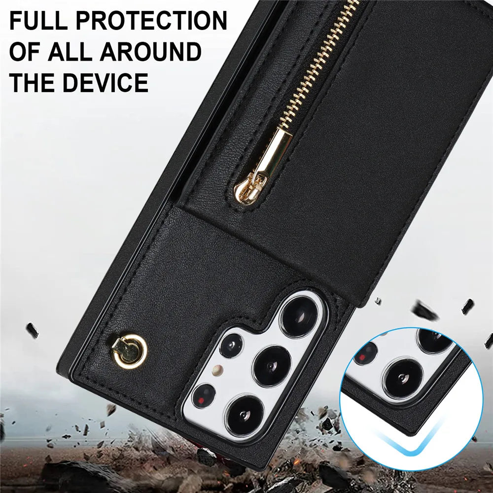 Kickstand Cards Slot Zipper Wallet Lanyard Galaxy Note Case - DealJustDeal