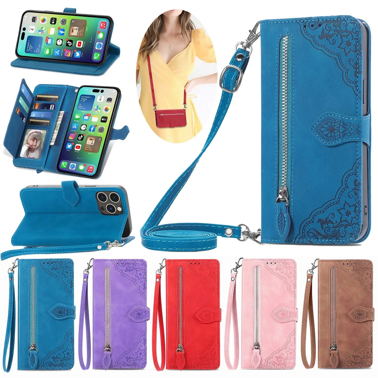 Wrist Strap Zipper Wallet Flip Google Case - DealJustDeal