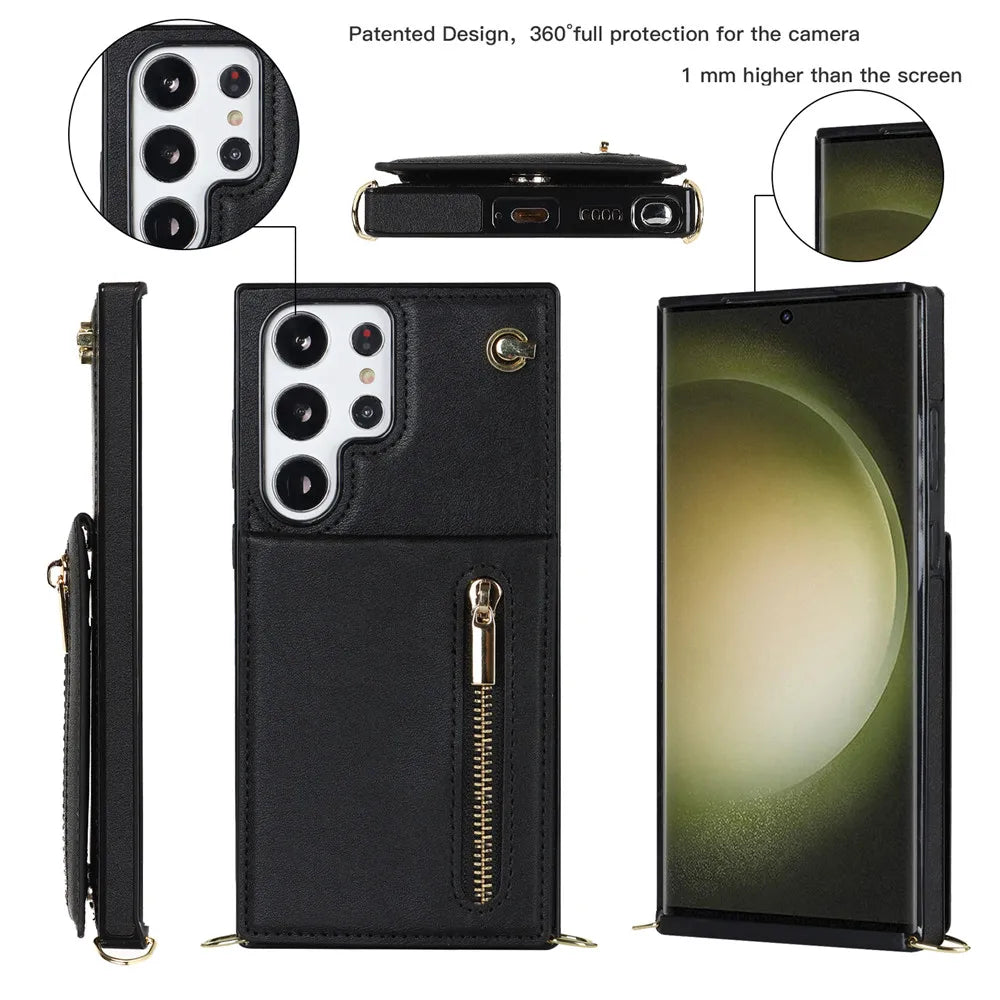 Kickstand Cards Slot Zipper Wallet Lanyard Galaxy Note Case - DealJustDeal