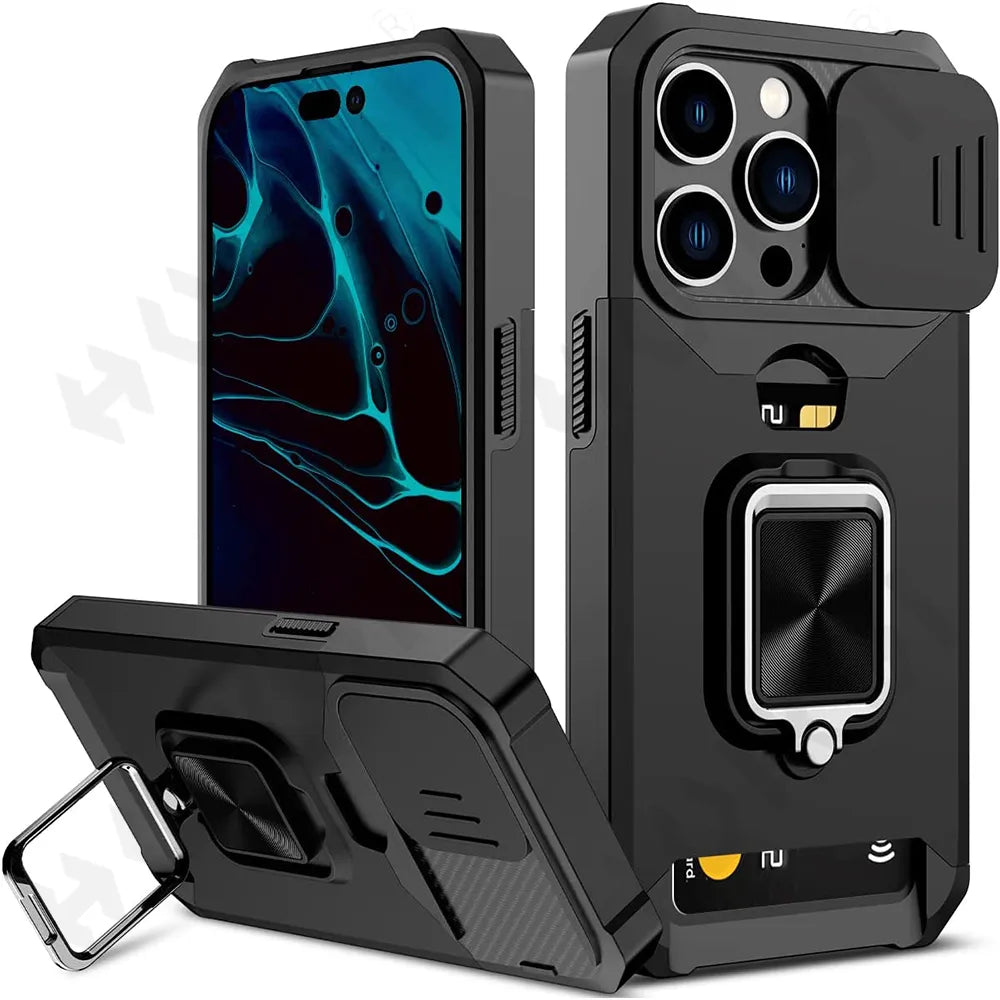 Slide Camera Card Holder Slot Wallet iPhone Case With Ring Stand - DealJustDeal