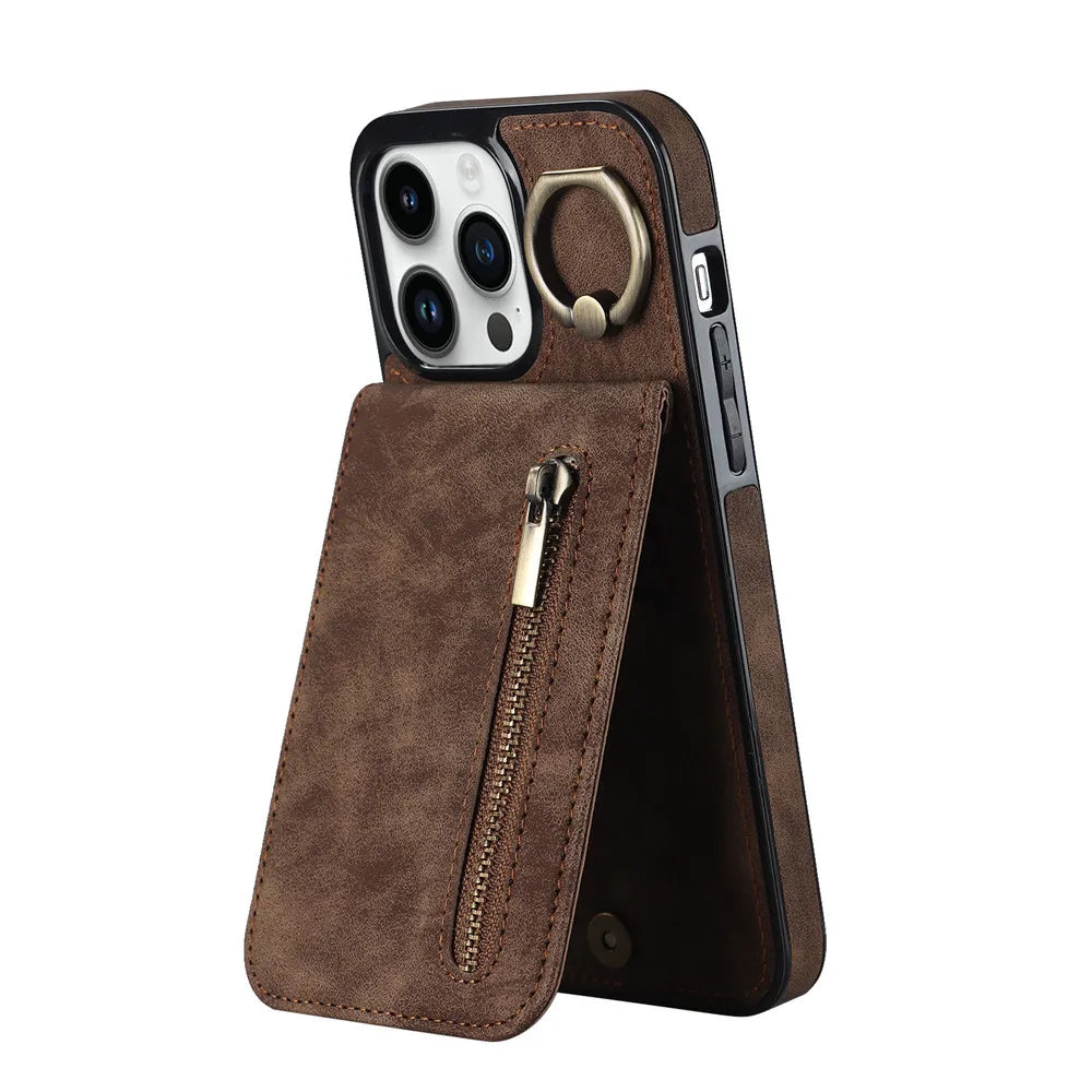 Anti-drop Kickstand Zipper Cards Holder Leather Wallet iPhone Case - DealJustDeal