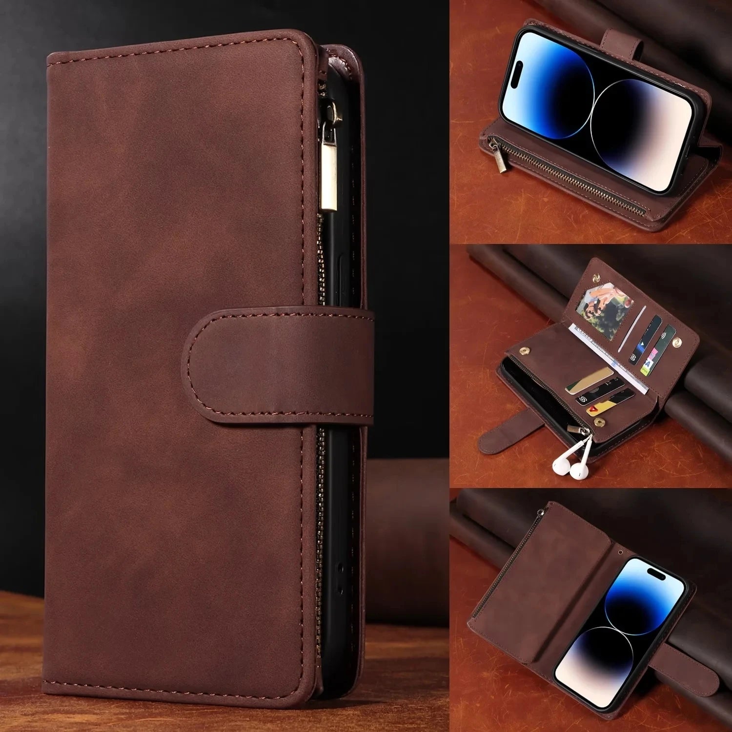 Flip Card Slot Zipper Leather Wallet iPhone Case - DealJustDeal