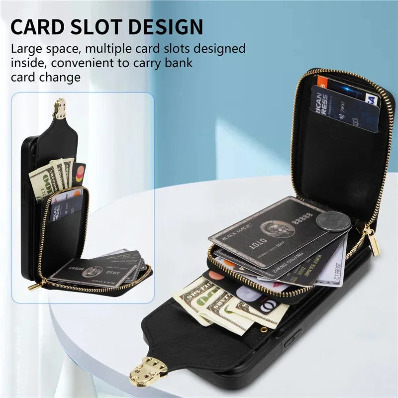 Crossbody Lanyard Leather Zipper Wallet Card iPhone Case - DealJustDeal